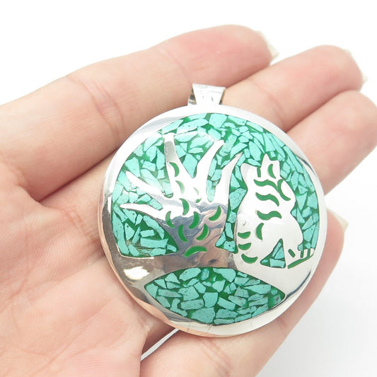 925 Sterling Silver Vintage Mexico Turquoise Inlay Abstraction Round Pin Brooch