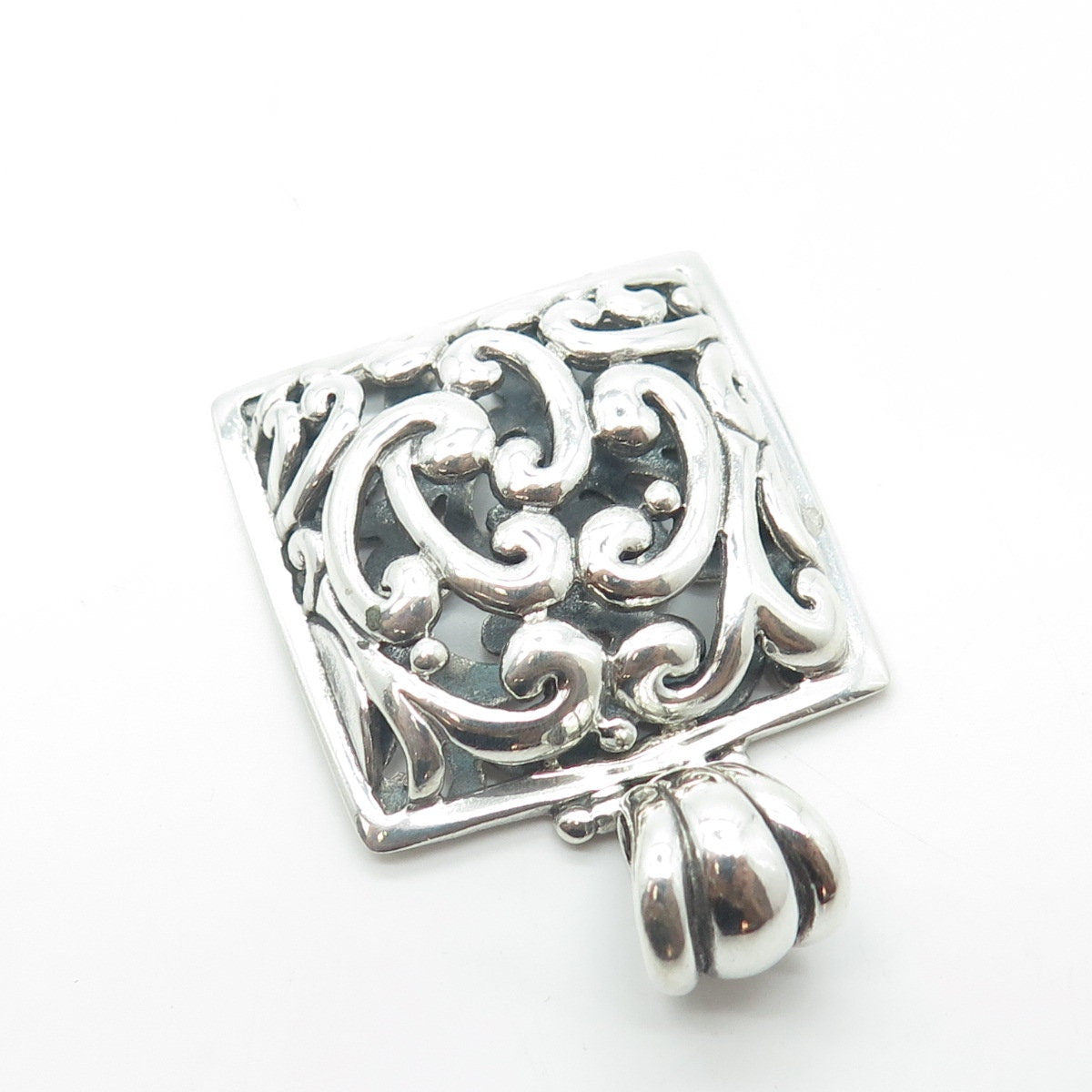 BARSE 925 Sterling Silver Vintage Signature Floral Scroll Shadow Box Pendant