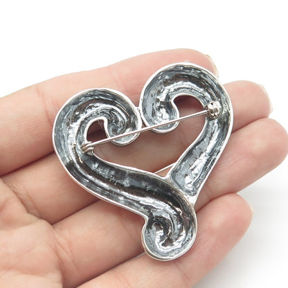 925 Sterling Silver Vintage Modernist Heart Oxidized Pin Brooch
