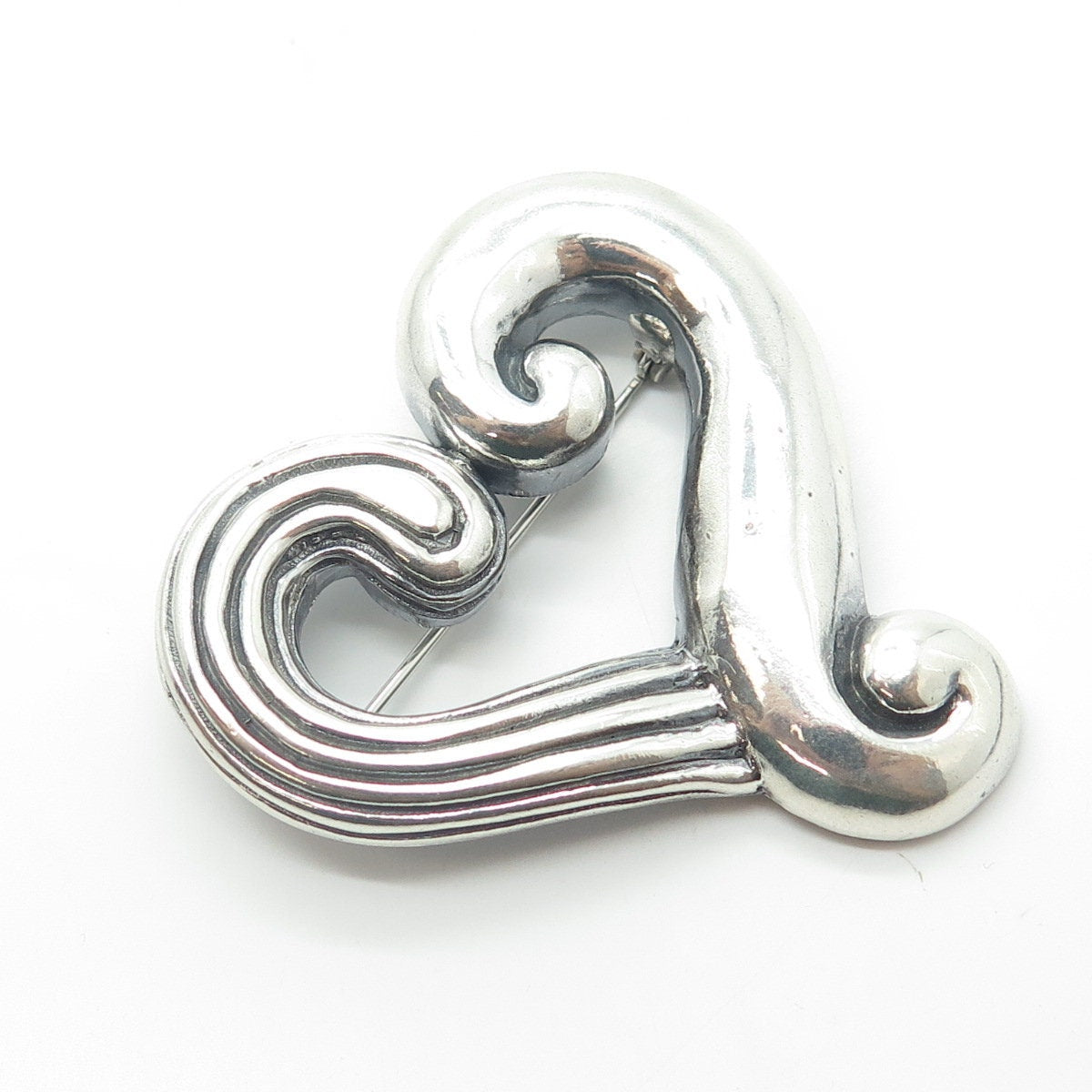 925 Sterling Silver Vintage Modernist Heart Oxidized Pin Brooch