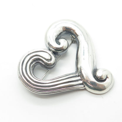 925 Sterling Silver Vintage Modernist Heart Oxidized Pin Brooch