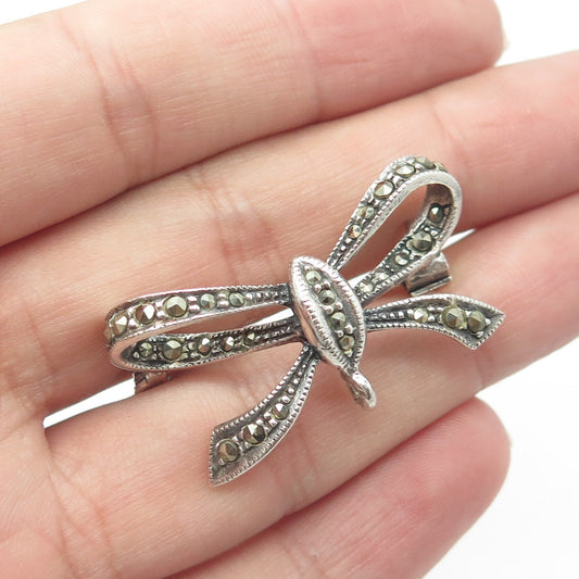 925 Sterling Silver Vintage Real Marcasite Ribbon Bow Pin Brooch