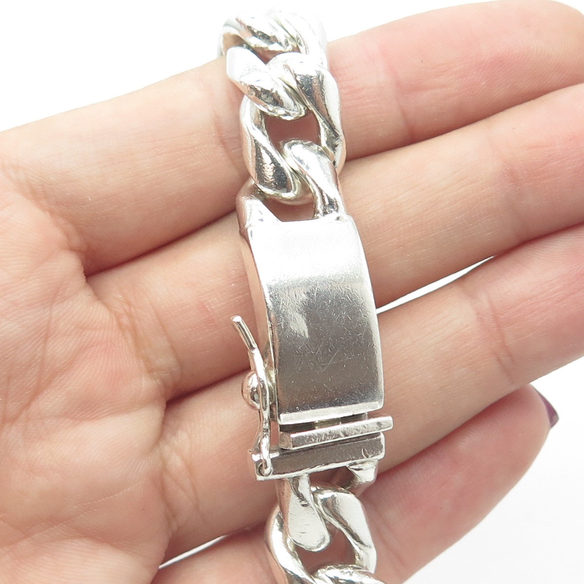 925 Sterling Silver Vintage Mexico Solid 96.9g ID Cuban Link Bracelet 8"