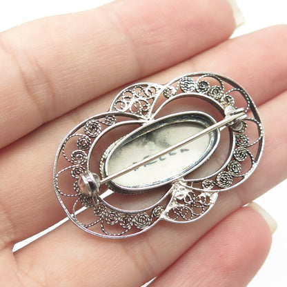 DELFT 925 Sterling Silver Vintage Ceramic Old Mill Filigree Pin Brooch