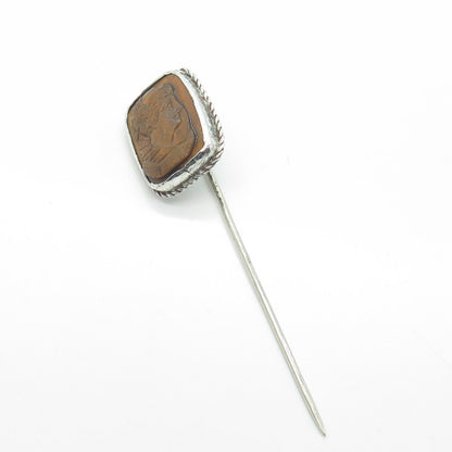 925 Sterling Silver Vintage Real Tiger Eye Gemstone Lady Lapel Pin