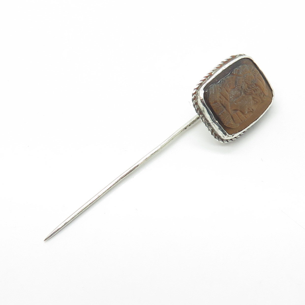 925 Sterling Silver Vintage Real Tiger Eye Gemstone Lady Lapel Pin