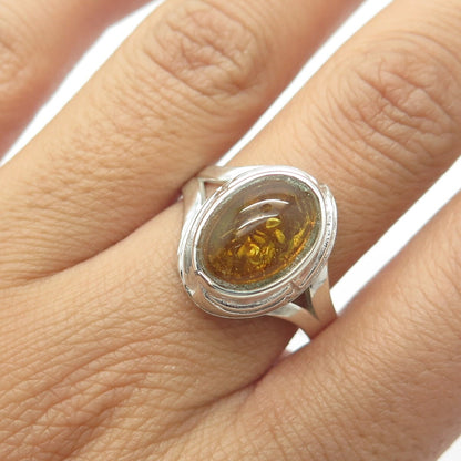 925 Sterling Silver Vintage Real Yellow Amber Cocktail Ring Size 9