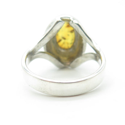 925 Sterling Silver Vintage Real Yellow Amber Cocktail Ring Size 9