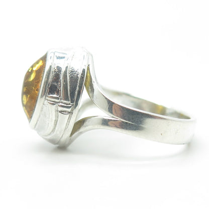 925 Sterling Silver Vintage Real Yellow Amber Cocktail Ring Size 9