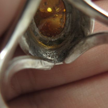 925 Sterling Silver Vintage Real Yellow Amber Cocktail Ring Size 9