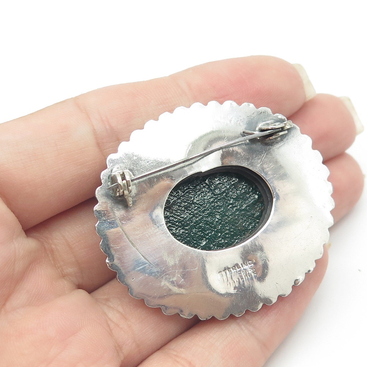 925 Sterling Silver Vintage Mexico Real Cabochon Green Onyx Oval Pin Brooch