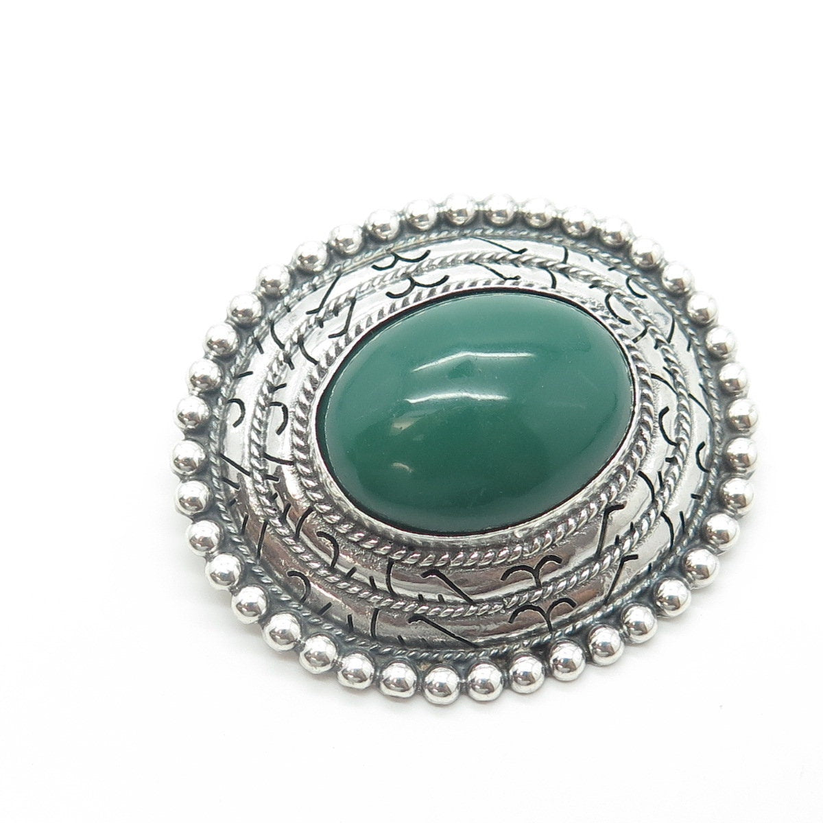 925 Sterling Silver Vintage Mexico Real Cabochon Green Onyx Oval Pin Brooch
