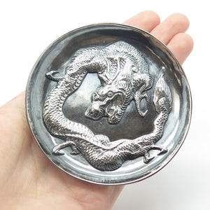 Chinese Export 925 Sterling Silver Antique Art Deco Royal Dragon Dish Plate
