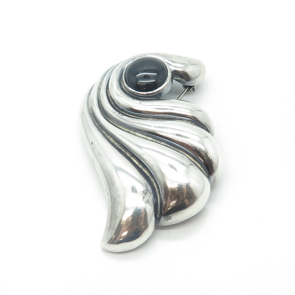 MORNING SUN JEWELRY 925 Sterling Silver Vintage Black Onyx Gem Ribbed Pin Brooch