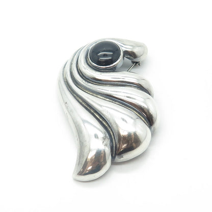 MORNING SUN JEWELRY 925 Sterling Silver Vintage Black Onyx Gem Ribbed Pin Brooch