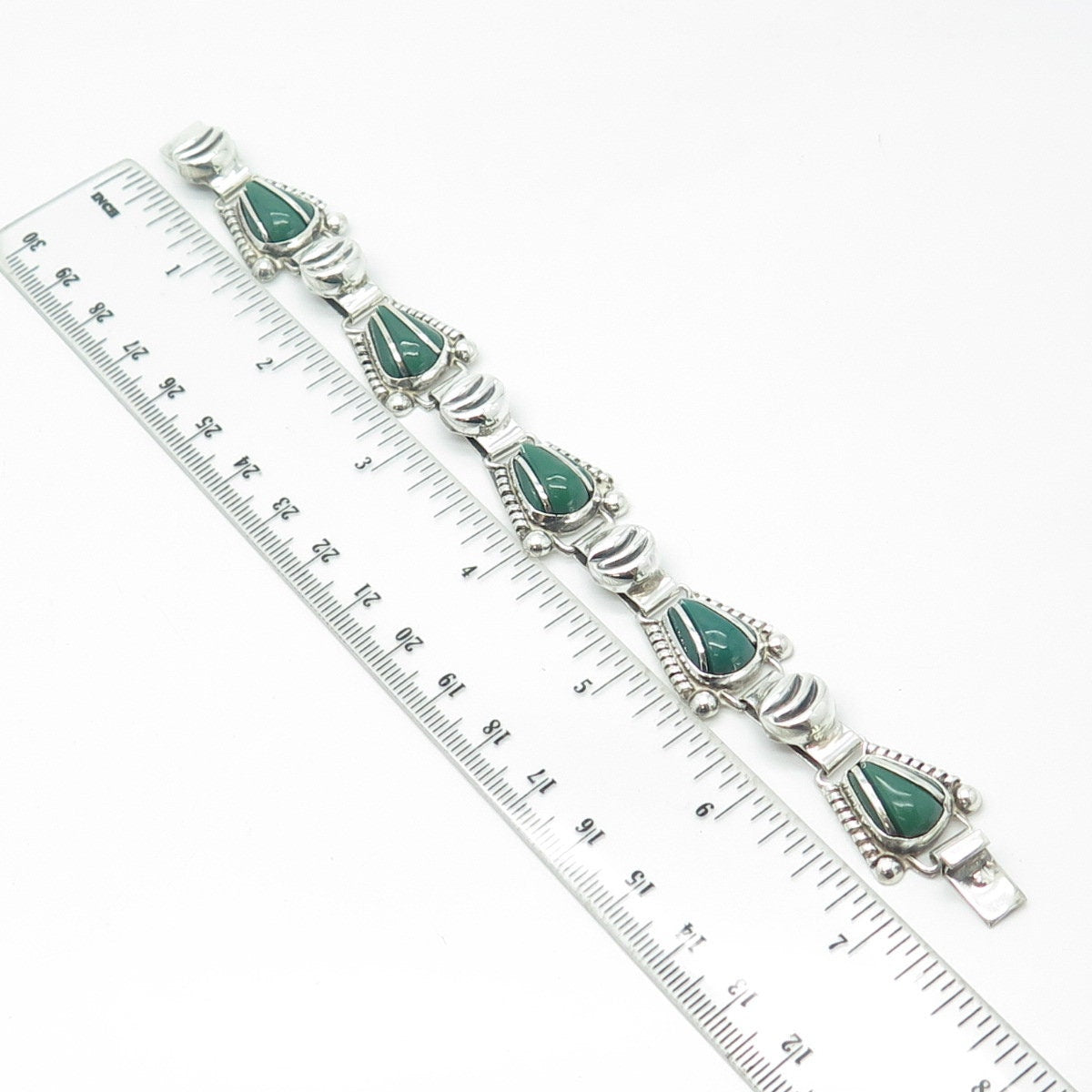 925 Sterling Silver Vintage Mexico Real Green Onyx Gemstone Ethnic Bracelet 7"