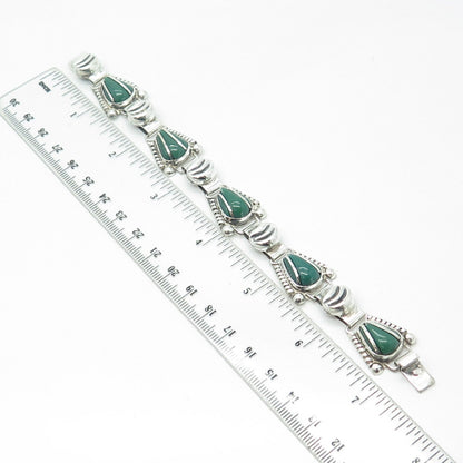 925 Sterling Silver Vintage Mexico Real Green Onyx Gemstone Ethnic Bracelet 7"