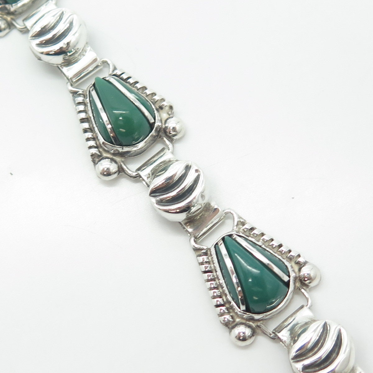 925 Sterling Silver Vintage Mexico Real Green Onyx Gemstone Ethnic Bracelet 7"