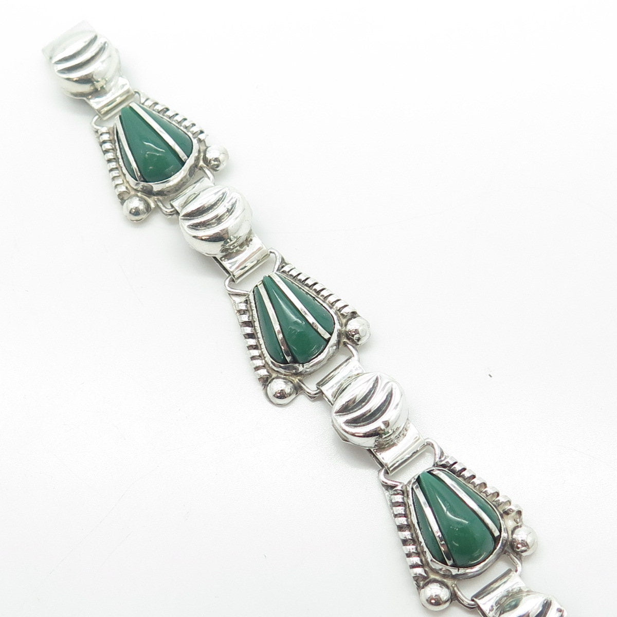 925 Sterling Silver Vintage Mexico Real Green Onyx Gemstone Ethnic Bracelet 7"
