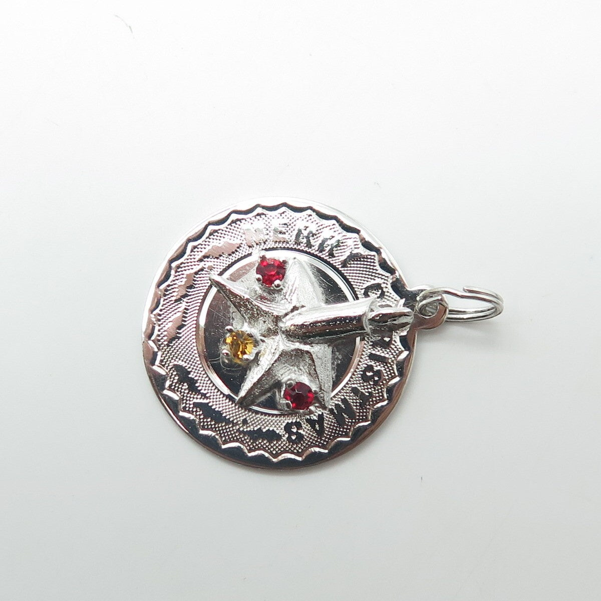 925 Sterling Silver Vintage Red & Yellow Rhinestone "Merry Christmas" Pendant