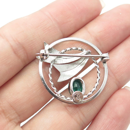 DCE CURTIS Jewelry 925 Sterling Silver Vintage Green Rhinestone Circle Brooch