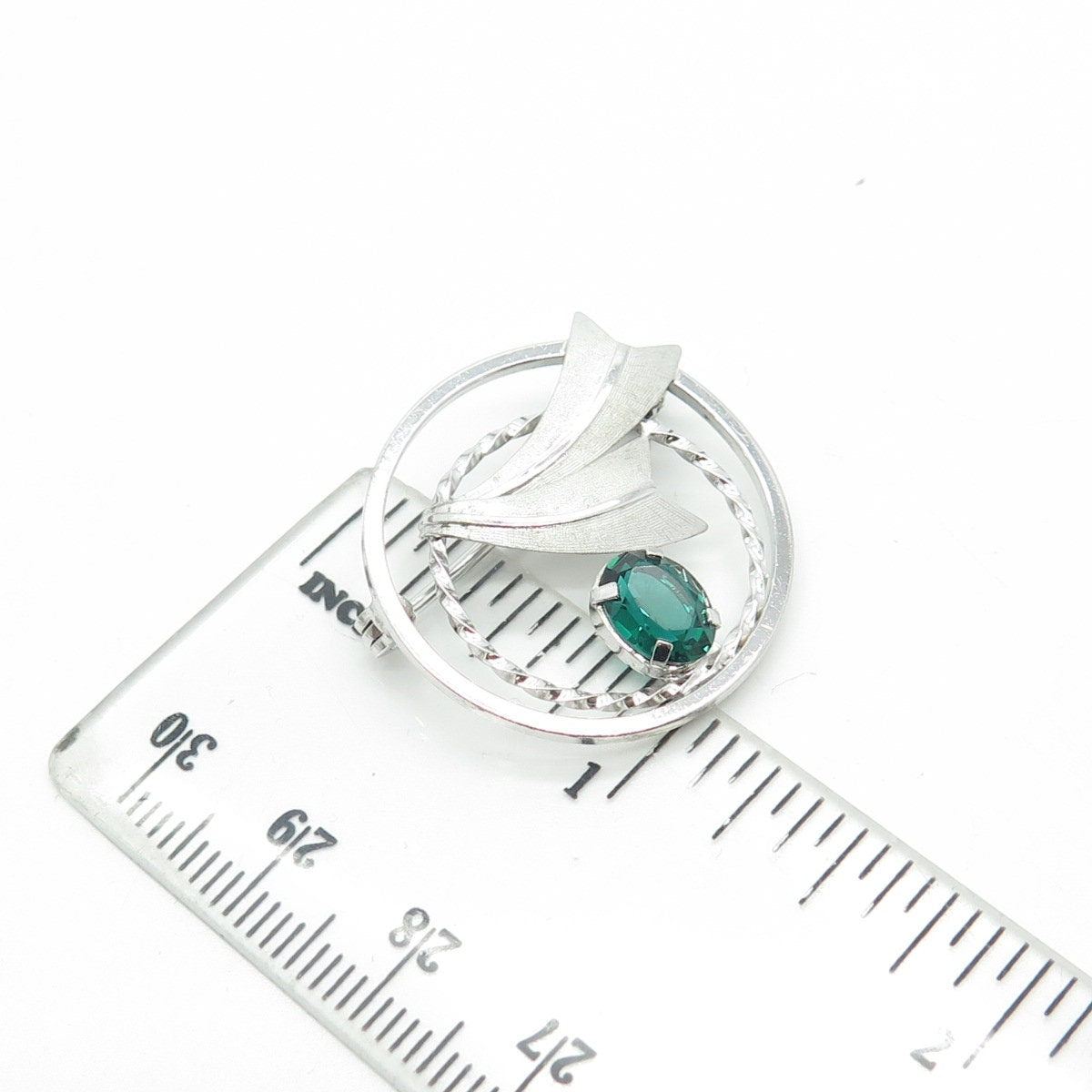 DCE CURTIS Jewelry 925 Sterling Silver Vintage Green Rhinestone Circle Brooch