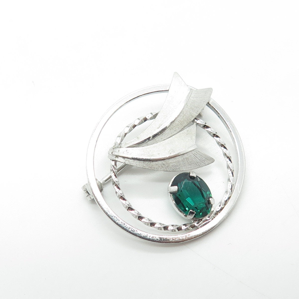 DCE CURTIS Jewelry 925 Sterling Silver Vintage Green Rhinestone Circle Brooch