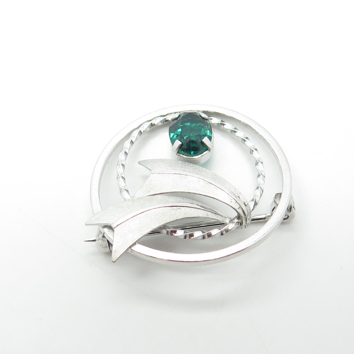 DCE CURTIS Jewelry 925 Sterling Silver Vintage Green Rhinestone Circle Brooch