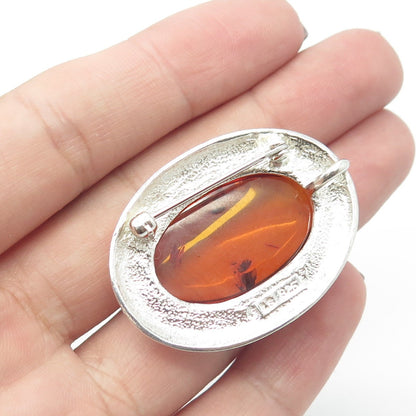 925 Sterling Silver Vintage Real Amber Oval Modernist Pin Brooch / Pendant