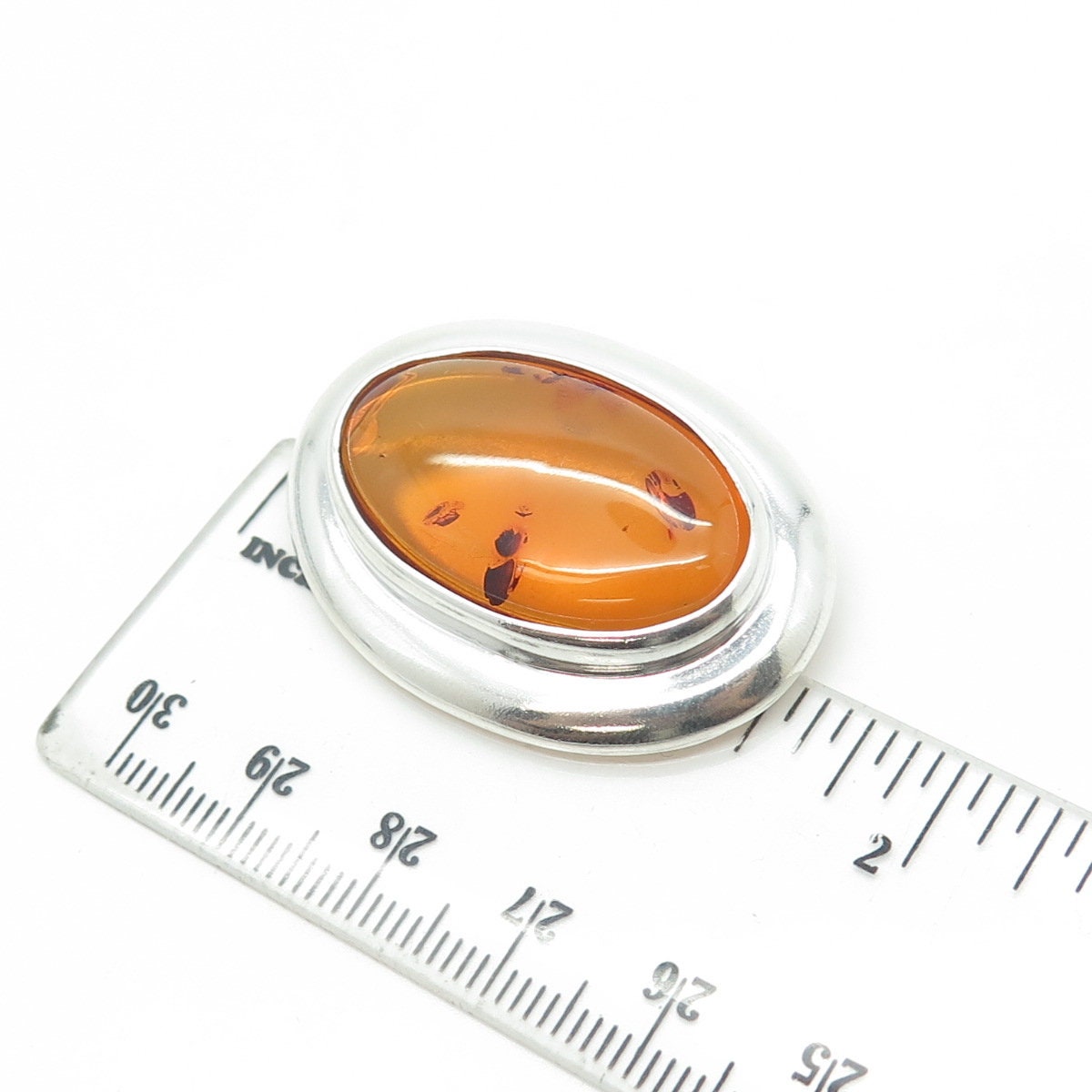 925 Sterling Silver Vintage Real Amber Oval Modernist Pin Brooch / Pendant