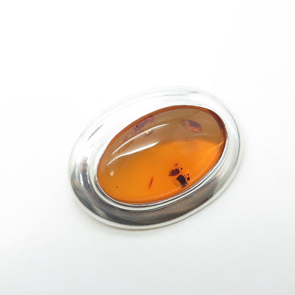 925 Sterling Silver Vintage Real Amber Oval Modernist Pin Brooch / Pendant