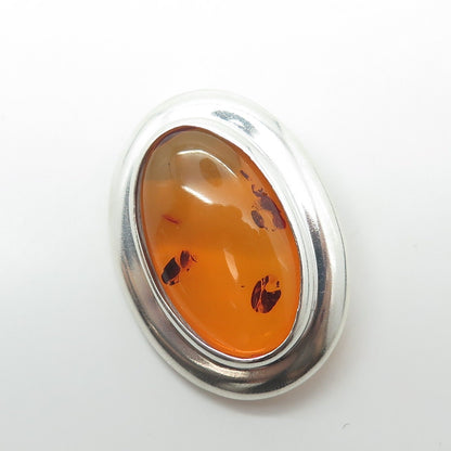 925 Sterling Silver Vintage Real Amber Oval Modernist Pin Brooch / Pendant
