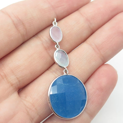925 Sterling Silver Real White & Blue Quartz Drop Pendant