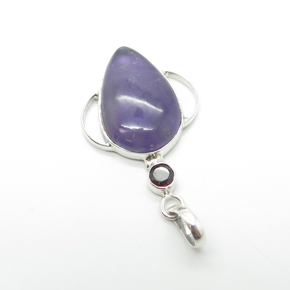 925 Sterling Silver Vintage Real Amethyst & Red Garnet Gemstone Pendant