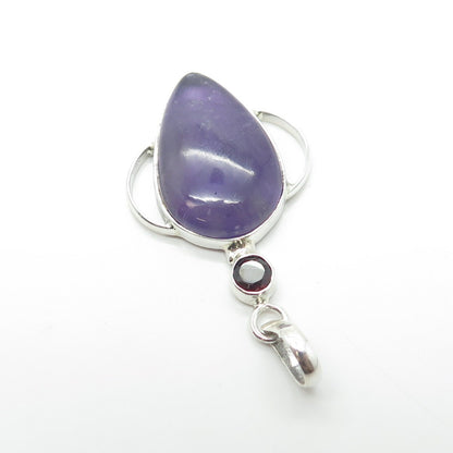 925 Sterling Silver Vintage Real Amethyst & Red Garnet Gemstone Pendant