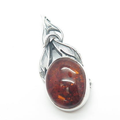 925 Sterling Silver Vintage Real Amber Oval Feather Pendant