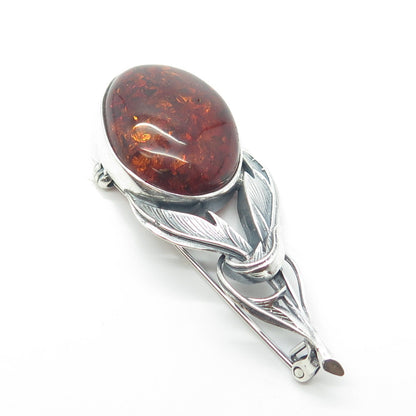 925 Sterling Silver Vintage Real Amber Oval Feather Pendant