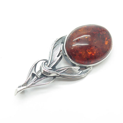 925 Sterling Silver Vintage Real Amber Oval Feather Pendant