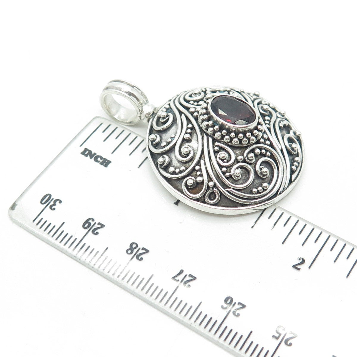 925 Sterling Silver Vintage Real Red Garnet Scroll Granulated Round Pendant