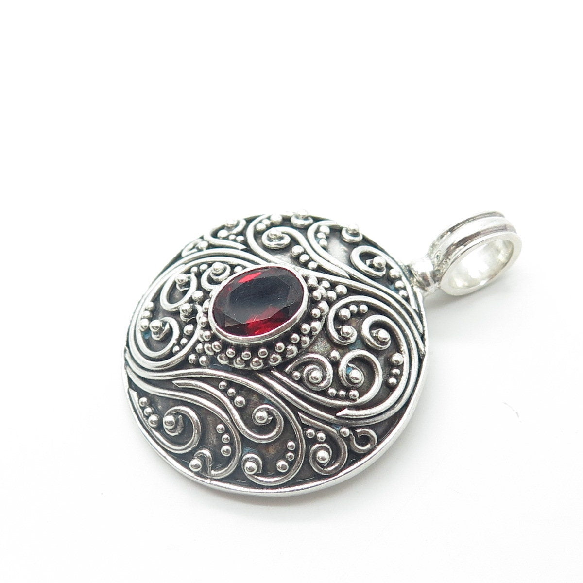 925 Sterling Silver Vintage Real Red Garnet Scroll Granulated Round Pendant