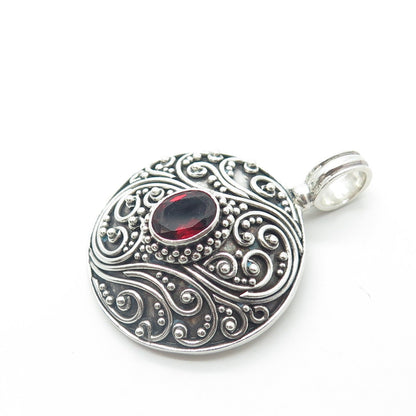 925 Sterling Silver Vintage Real Red Garnet Scroll Granulated Round Pendant