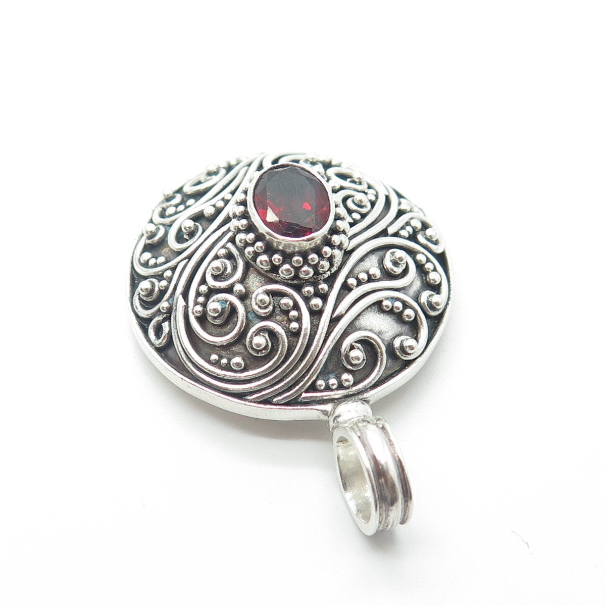 925 Sterling Silver Vintage Real Red Garnet Scroll Granulated Round Pendant