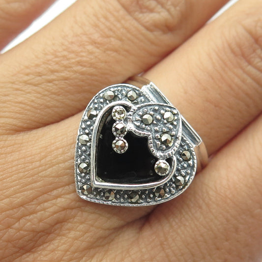 925 Sterling Silver Vintage Real Black onyx & Marcasite Heart Ring Size 7.75