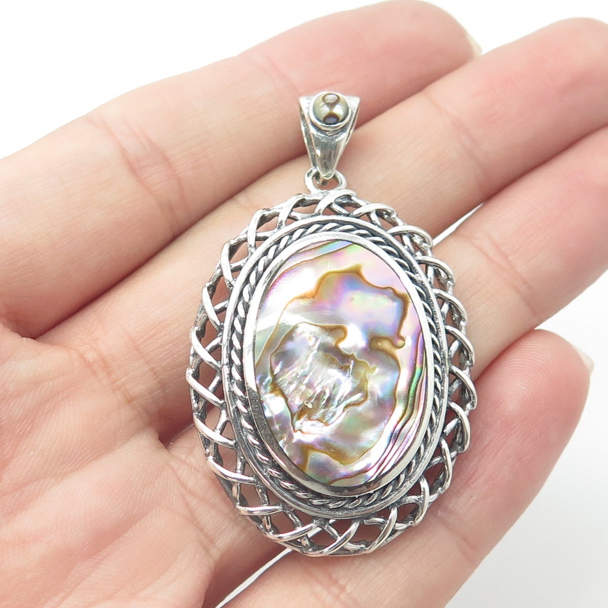 925 Sterling Silver Vintage Real Abalone Shell Wicker Pendant