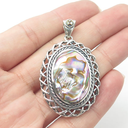 925 Sterling Silver Vintage Real Abalone Shell Wicker Pendant