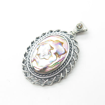 925 Sterling Silver Vintage Real Abalone Shell Wicker Pendant
