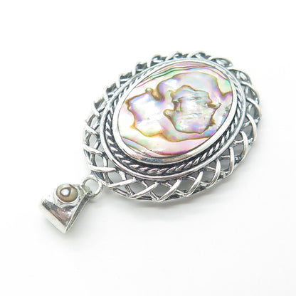 925 Sterling Silver Vintage Real Abalone Shell Wicker Pendant