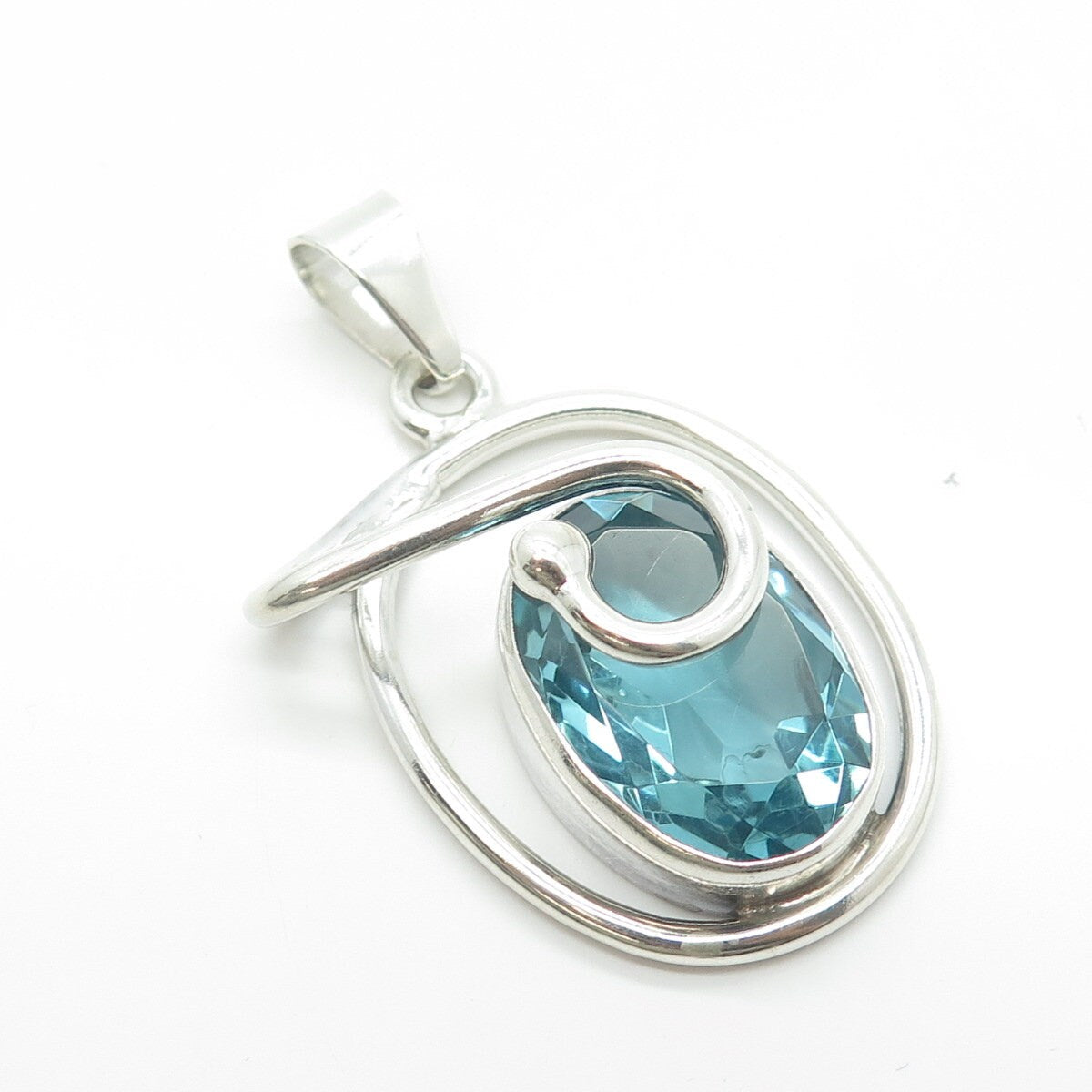 925 Sterling Silver Vintage Blue Glass Modernist Pendant