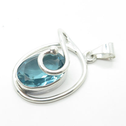 925 Sterling Silver Vintage Blue Glass Modernist Pendant