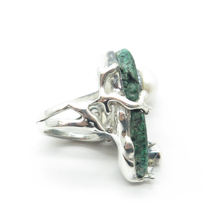 925 Sterling Silver Vintage Malachite Pearl & Sapphire Modernist Ring Size 4.25